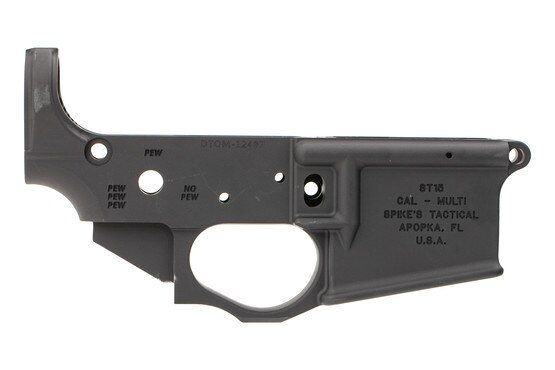 Spike's Tactical AR-15 Lower Receiver is a Stripped assembly that features a fire selector with the word pew